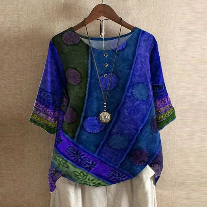 Damen Plus Size Bluse Blumendruck Vintage Stil Kurzarm - Blue/Violet