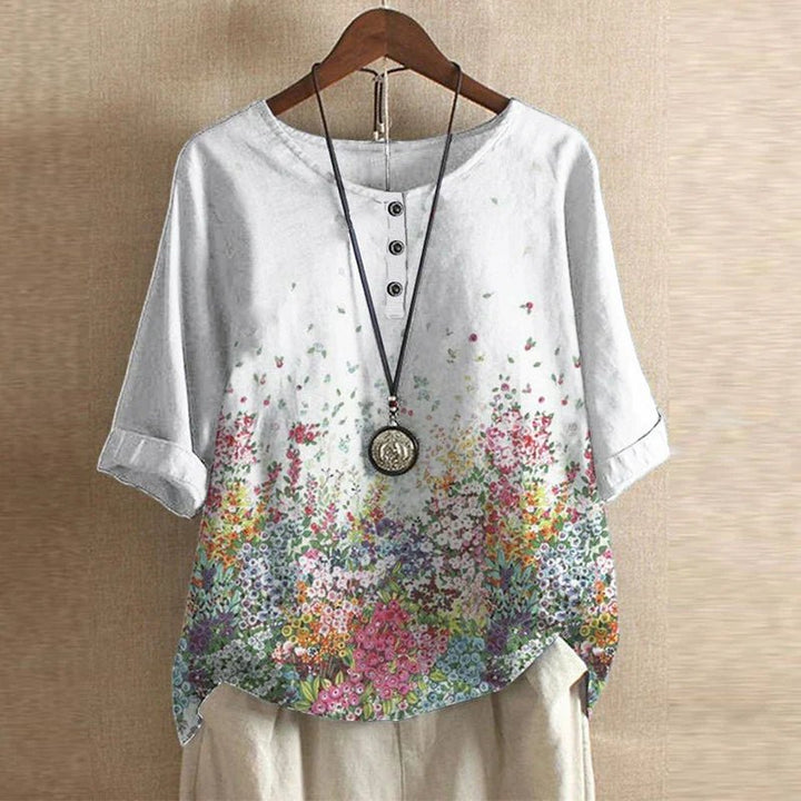 Damen Plus Size Bluse Blumendruck Vintage Stil Kurzarm - White