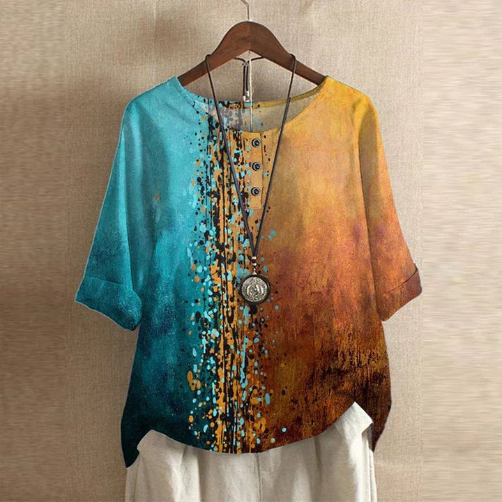 Damen Plus Size Bluse Blumendruck Vintage Stil Kurzarm - Blue/Orange