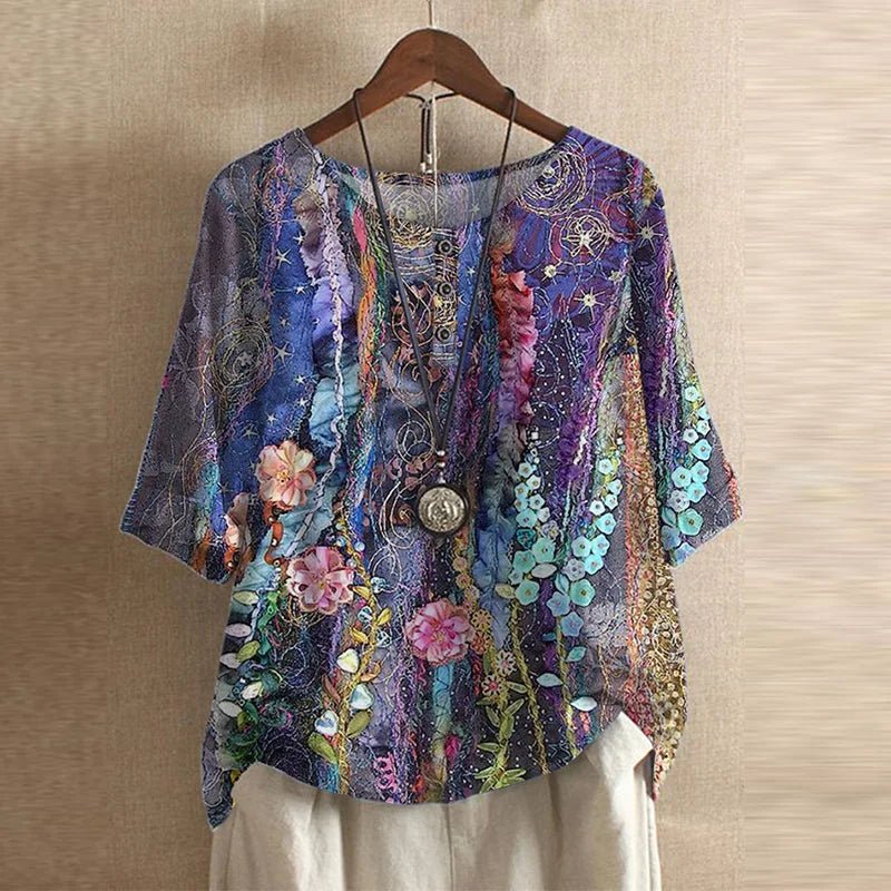 Damen Plus Size Bluse Blumendruck Vintage Stil Kurzarm - Violet