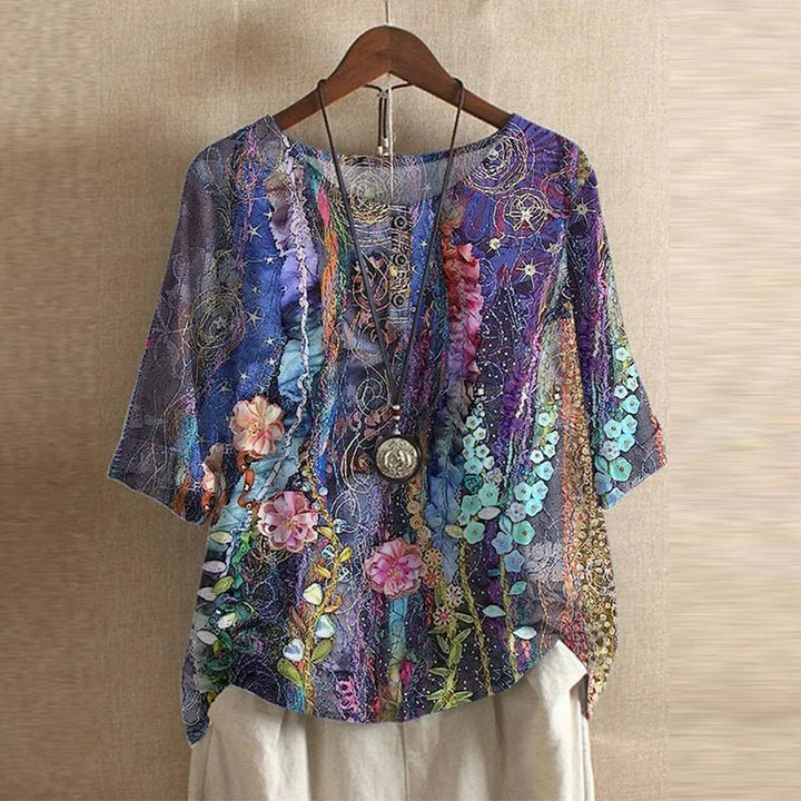 Damen Plus Size Bluse Blumendruck Vintage Stil Kurzarm - Violet