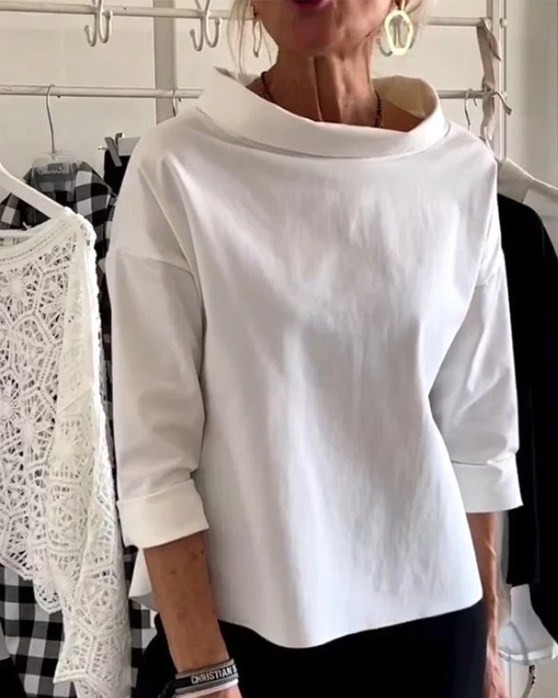 Damen Relaxed-Fit Bateau-Ausschnitt Dreiviertellärmel Casual Oberteil - White