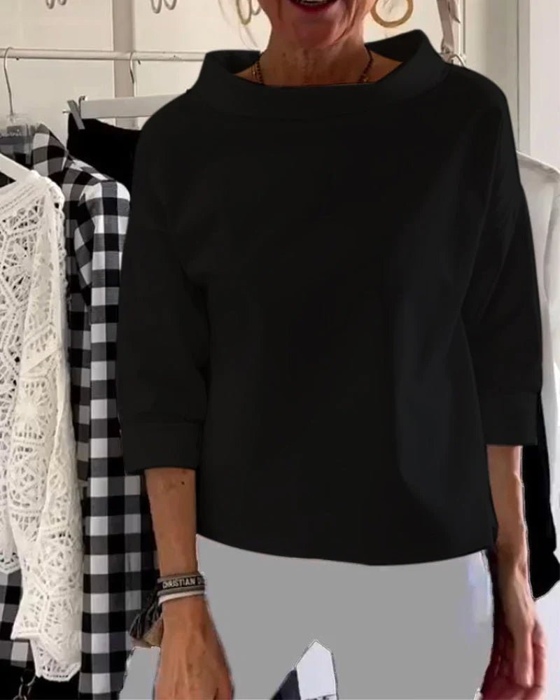 Damen Relaxed-Fit Bateau-Ausschnitt Dreiviertellärmel Casual Oberteil - Black
