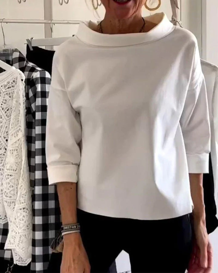 Damen Relaxed-Fit Bateau-Ausschnitt Dreiviertellärmel Casual Oberteil