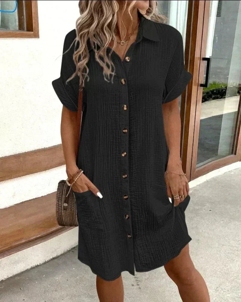 Damen Retro Baumwoll-Leinen Hemdblusenkleid mit Knopfleiste Taschen - Black