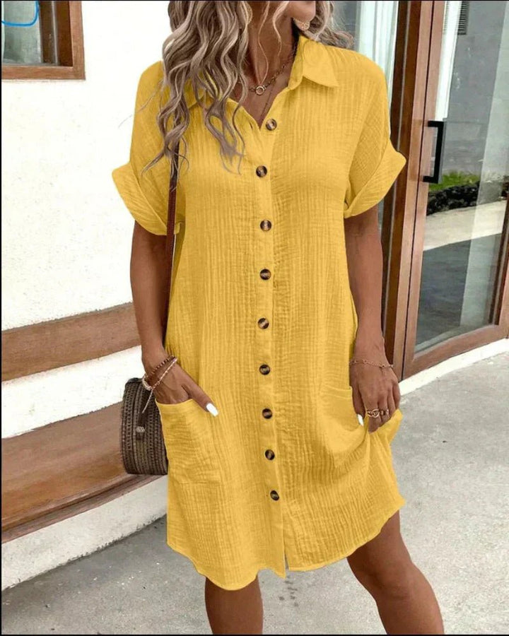 Damen Retro Baumwoll-Leinen Hemdblusenkleid mit Knopfleiste Taschen - Yellow (Almost sold out)