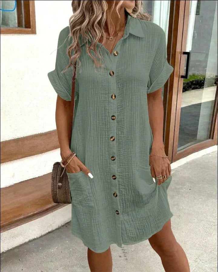Damen Retro Baumwoll-Leinen Hemdblusenkleid mit Knopfleiste Taschen - Green