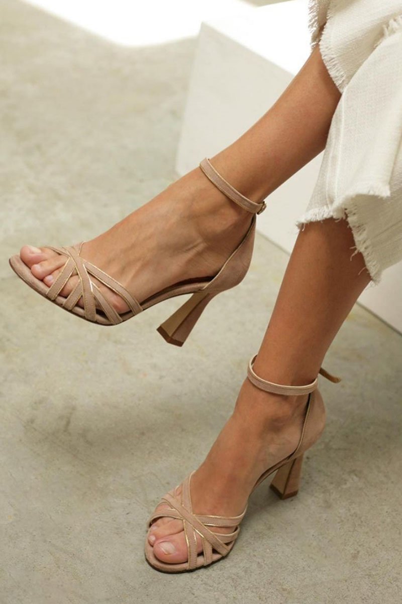 Damen Riemchensandalen Peep Toe High Heels Knöchelriemen - Beige