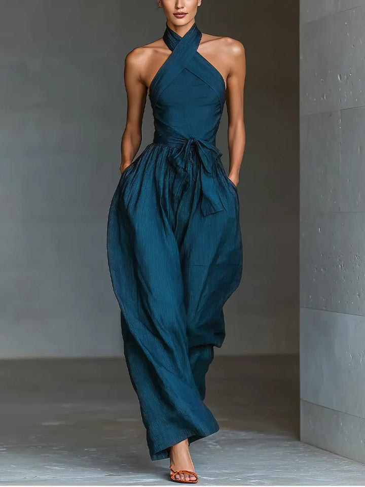 Damen Ärmellos Halterneck Leinen Jumpsuit Weites Bein - Navy blue