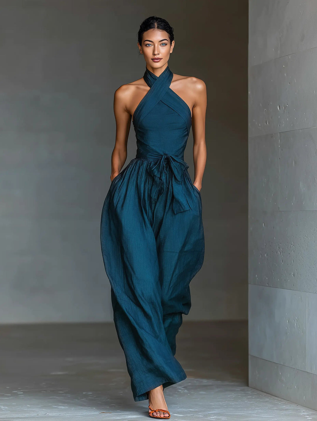 Damen Ärmellos Halterneck Leinen Jumpsuit Weites Bein