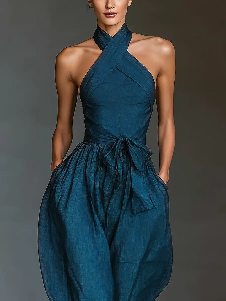 Damen Ärmellos Halterneck Leinen Jumpsuit Weites Bein