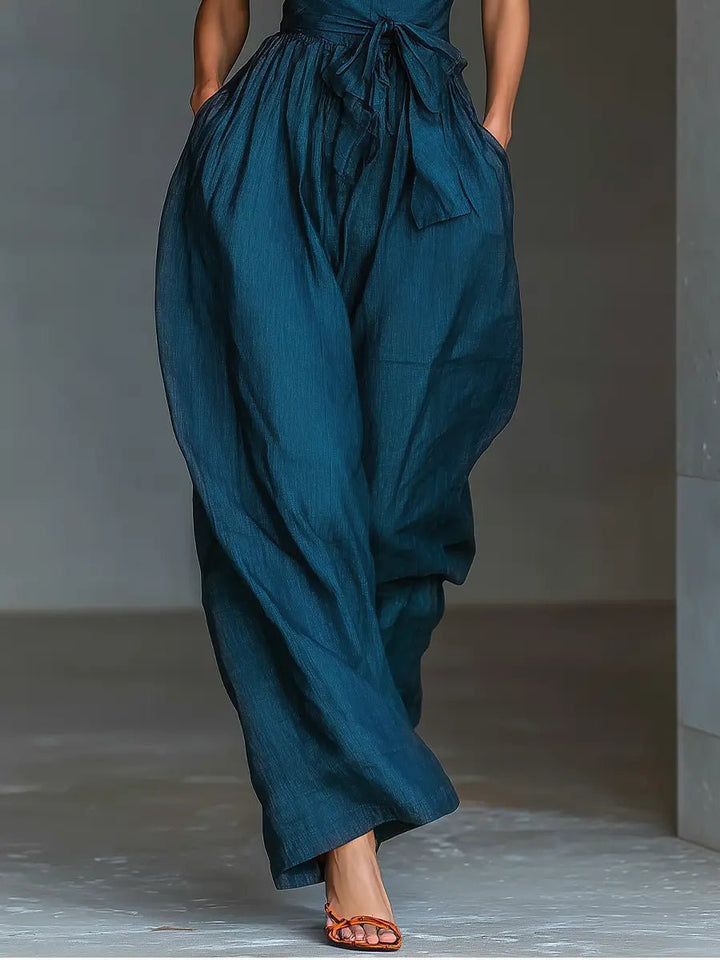 Damen Ärmellos Halterneck Leinen Jumpsuit Weites Bein