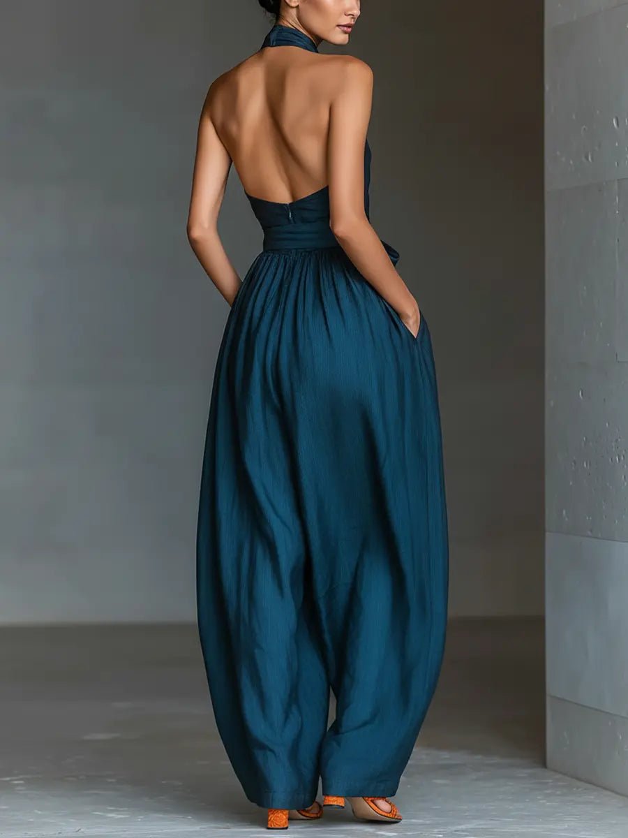 Damen Ärmellos Halterneck Leinen Jumpsuit Weites Bein