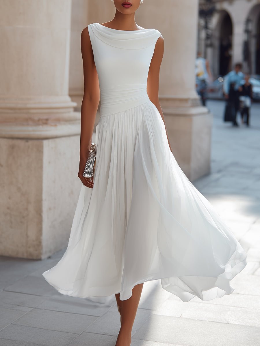 Damen Ärmellos Plissee Midi-Kleid Drapierten Ausschnitt - White