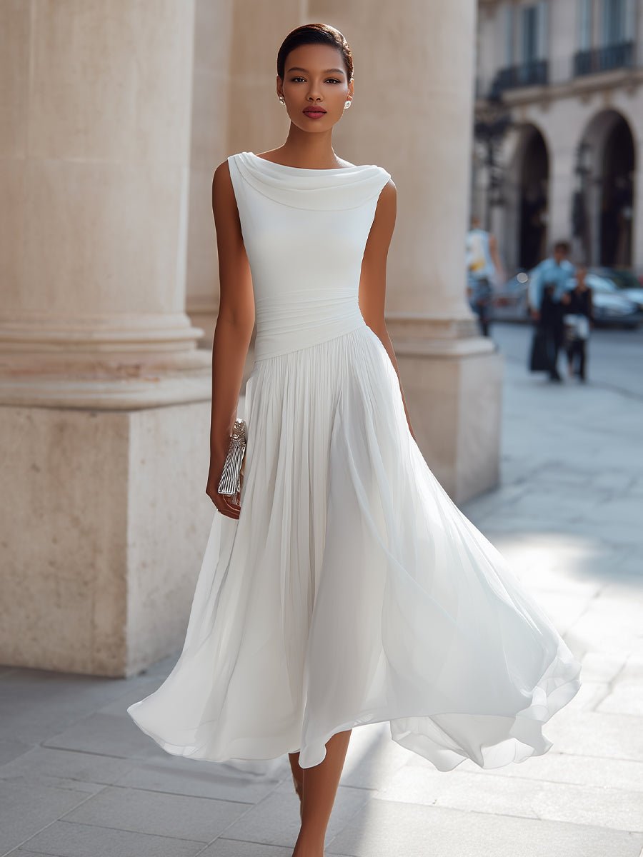 Damen Ärmellos Plissee Midi-Kleid Drapierten Ausschnitt