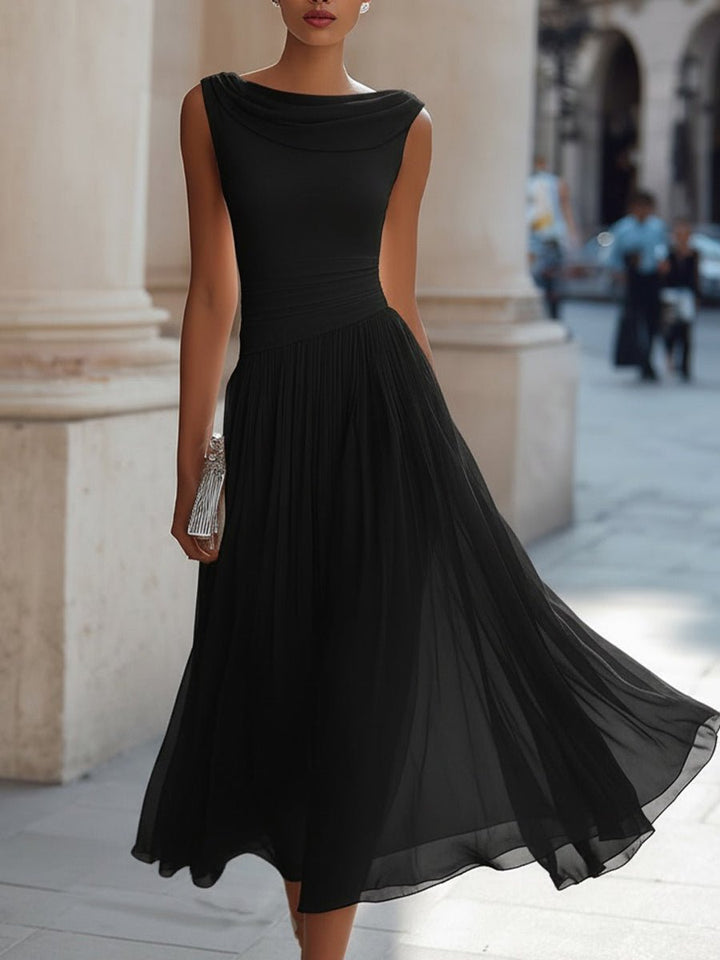 Damen Ärmellos Plissee Midi-Kleid Drapierten Ausschnitt - Black