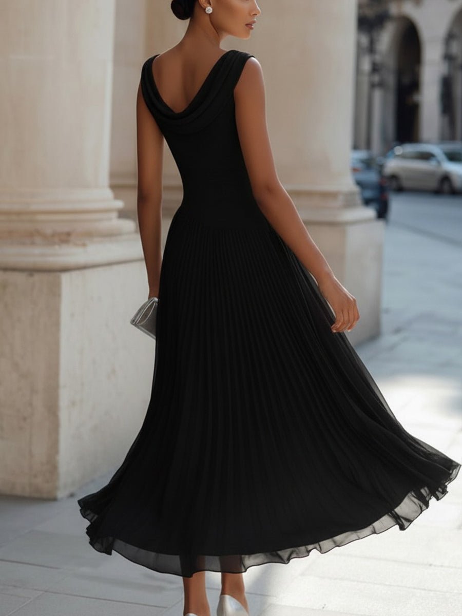 Damen Ärmellos Plissee Midi-Kleid Drapierten Ausschnitt