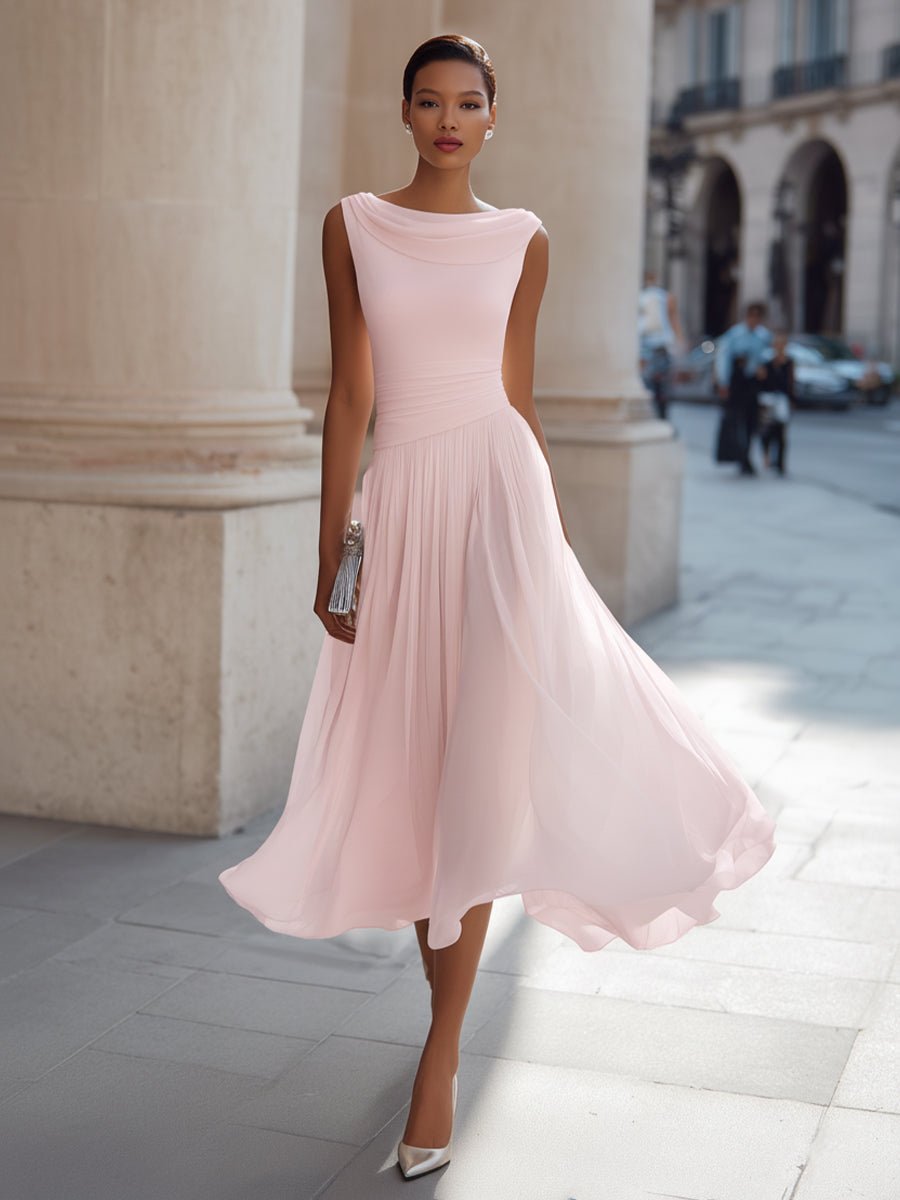 Damen Ärmellos Plissee Midi-Kleid Drapierten Ausschnitt - Pink