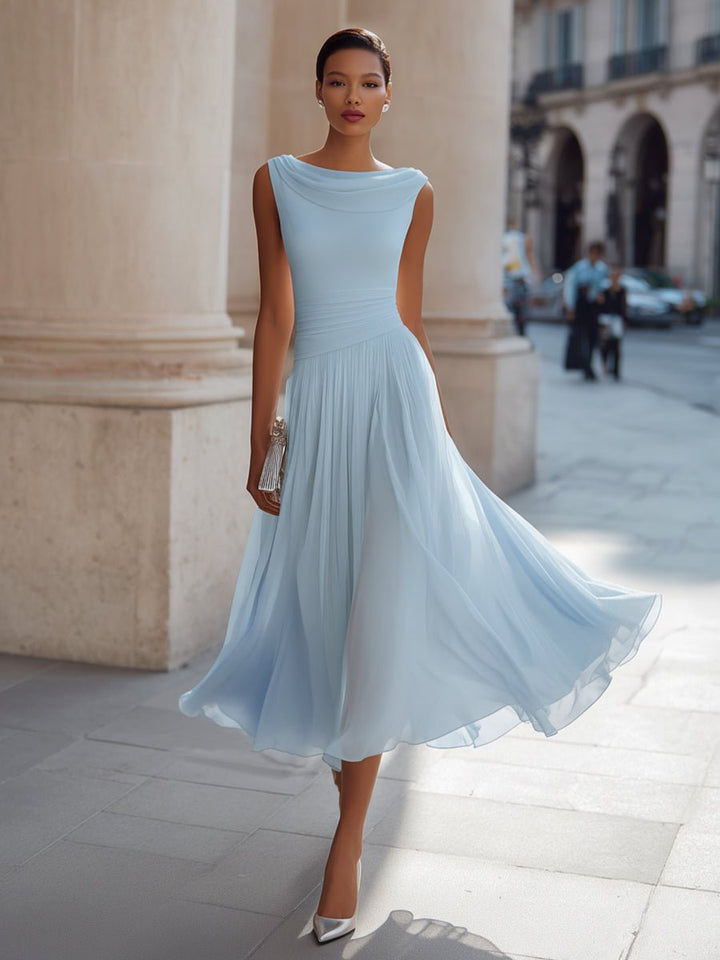 Damen Ärmellos Plissee Midi-Kleid Drapierten Ausschnitt - Sky Blue