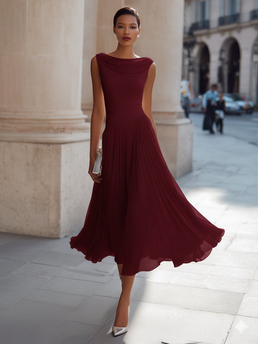 Damen Ärmellos Plissee Midi-Kleid Drapierten Ausschnitt - Burgundy