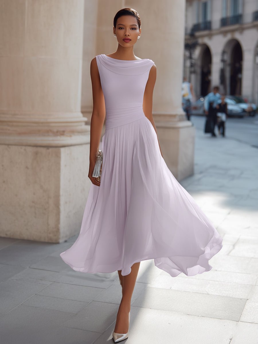 Damen Ärmellos Plissee Midi-Kleid Drapierten Ausschnitt - Lavender