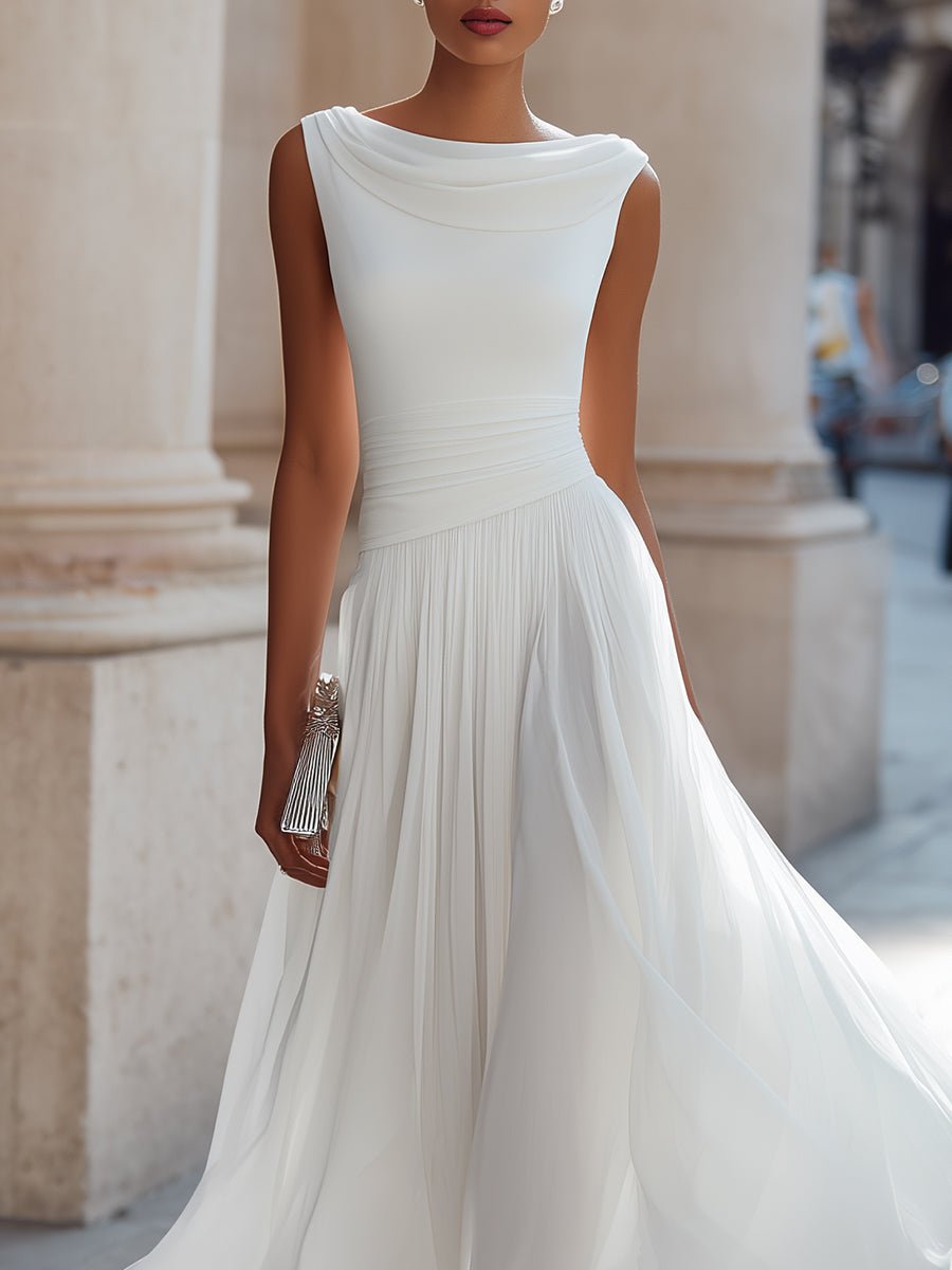 Damen Ärmellos Plissee Midi-Kleid Drapierten Ausschnitt