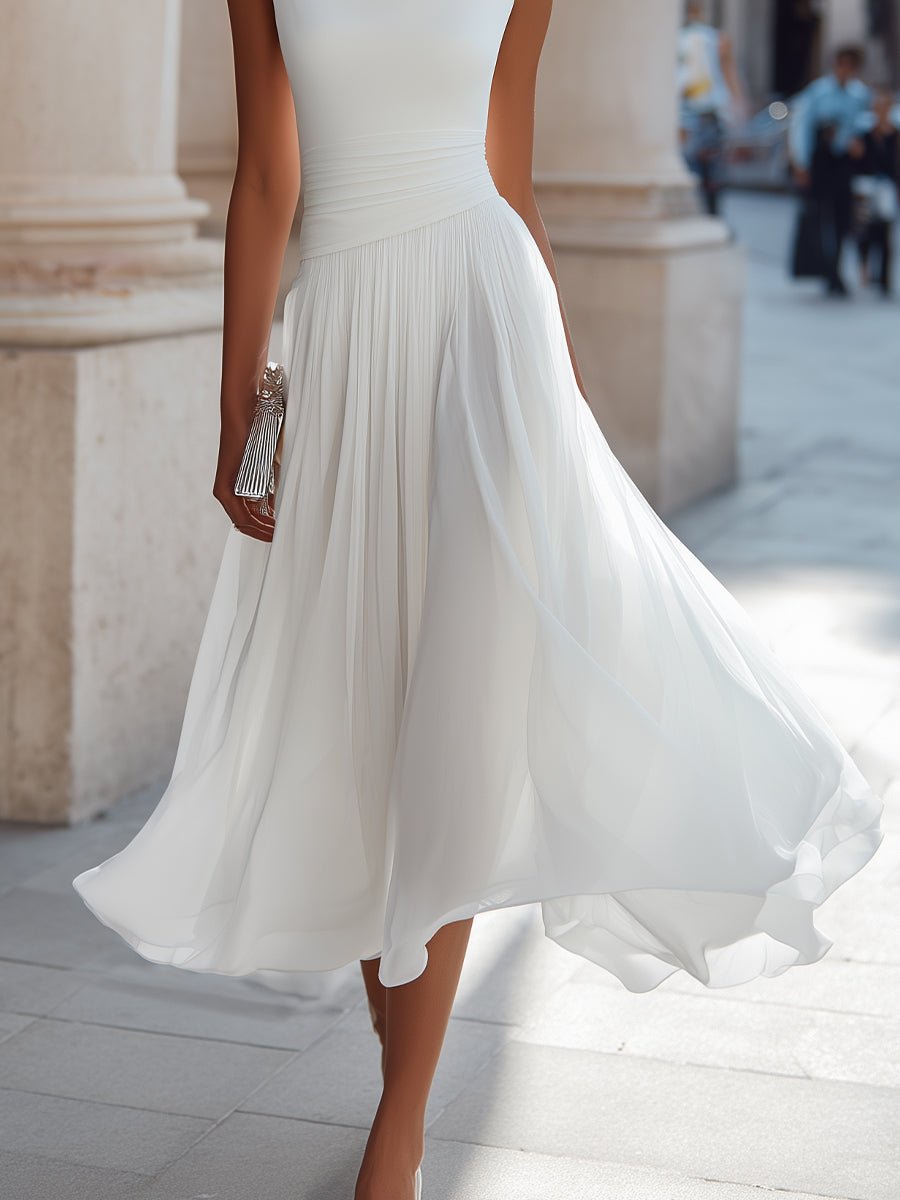 Damen Ärmellos Plissee Midi-Kleid Drapierten Ausschnitt
