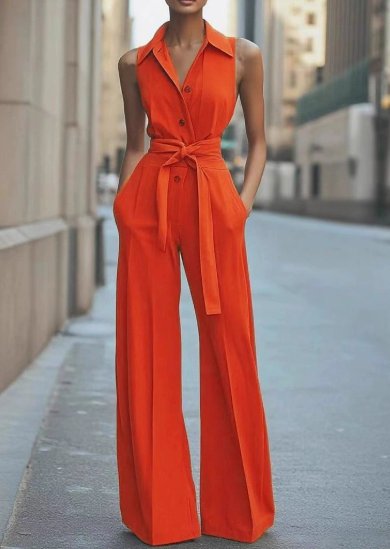Damen Ärmellos Weites Bein Jumpsuit Gürtel Formell - Orange