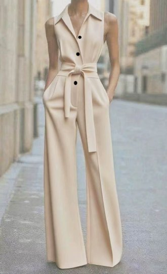 Damen Ärmellos Weites Bein Jumpsuit Gürtel Formell - Beige