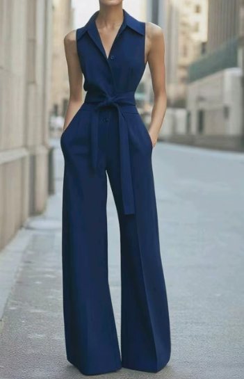 Damen Ärmellos Weites Bein Jumpsuit Gürtel Formell - Navy Blue