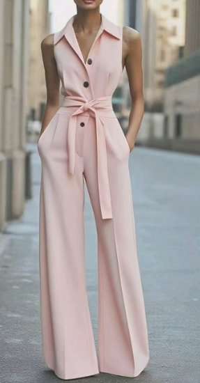 Damen Ärmellos Weites Bein Jumpsuit Gürtel Formell - Pink