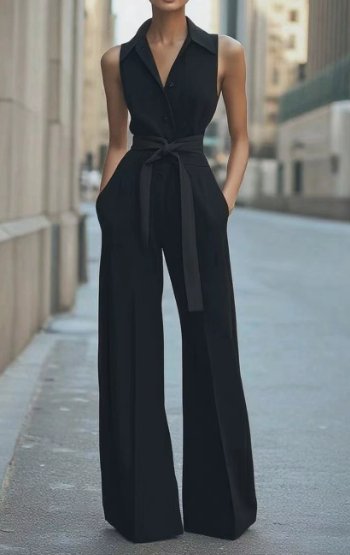 Damen Ärmellos Weites Bein Jumpsuit Gürtel Formell - Black