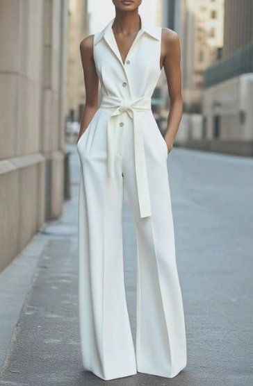 Damen Ärmellos Weites Bein Jumpsuit Gürtel Formell - White