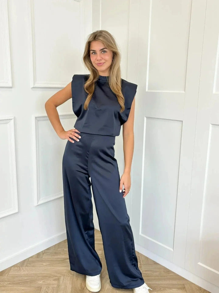 Damen Ärmelloser Weitbein-Jumpsuit Rückenfreies Satin-Design - Marineblauw