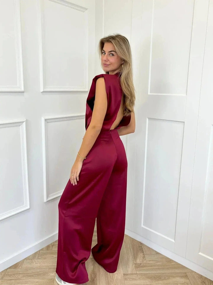 Damen Ärmelloser Weitbein-Jumpsuit Rückenfreies Satin-Design - Bordeauxrood
