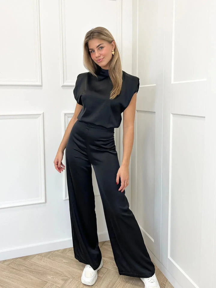 Damen Ärmelloser Weitbein-Jumpsuit Rückenfreies Satin-Design - Zwart