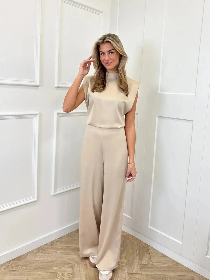Damen Ärmelloser Weitbein-Jumpsuit Rückenfreies Satin-Design