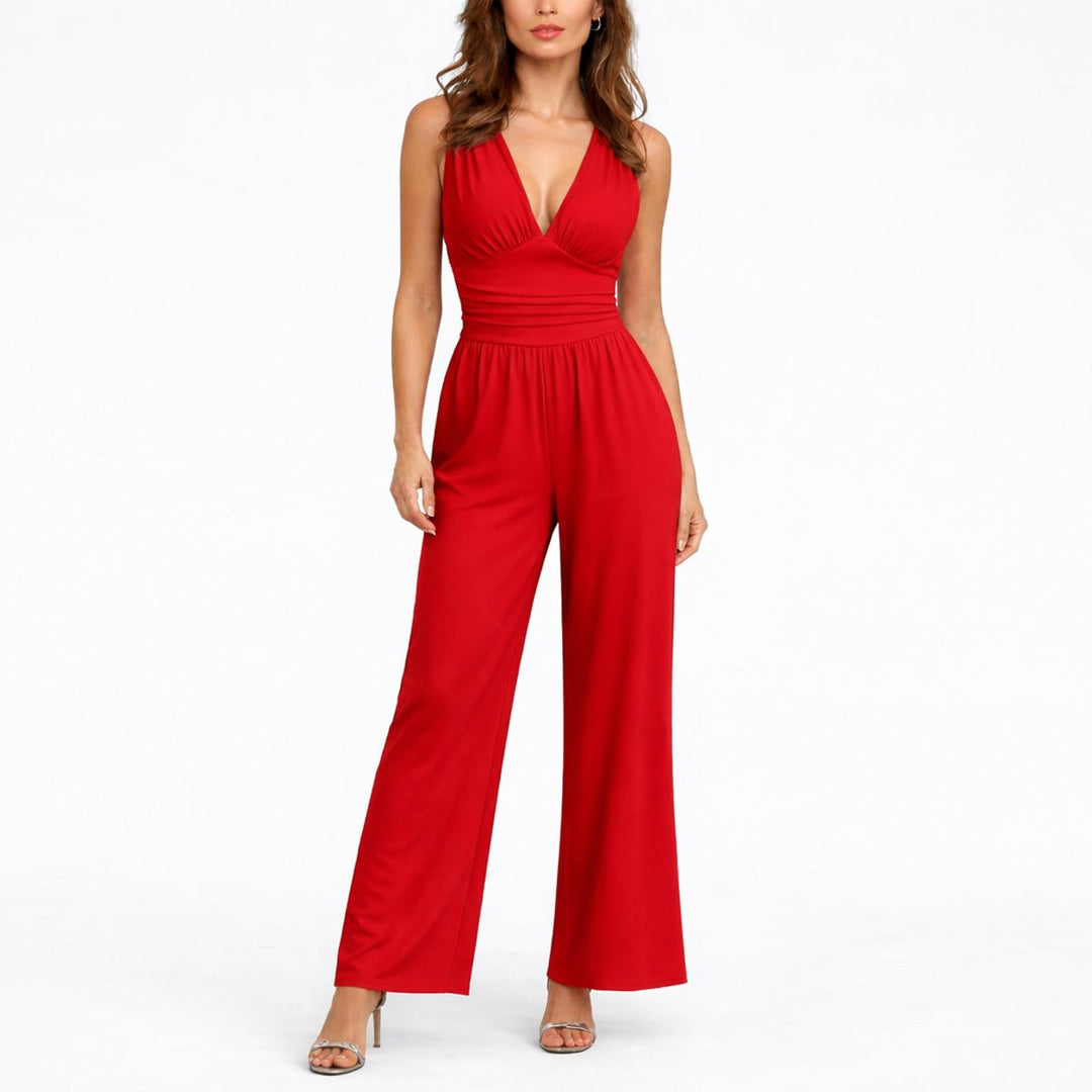 Damen Ärmelloser Weithosen-Jumpsuit V-Ausschnitt Hochbund - Rot