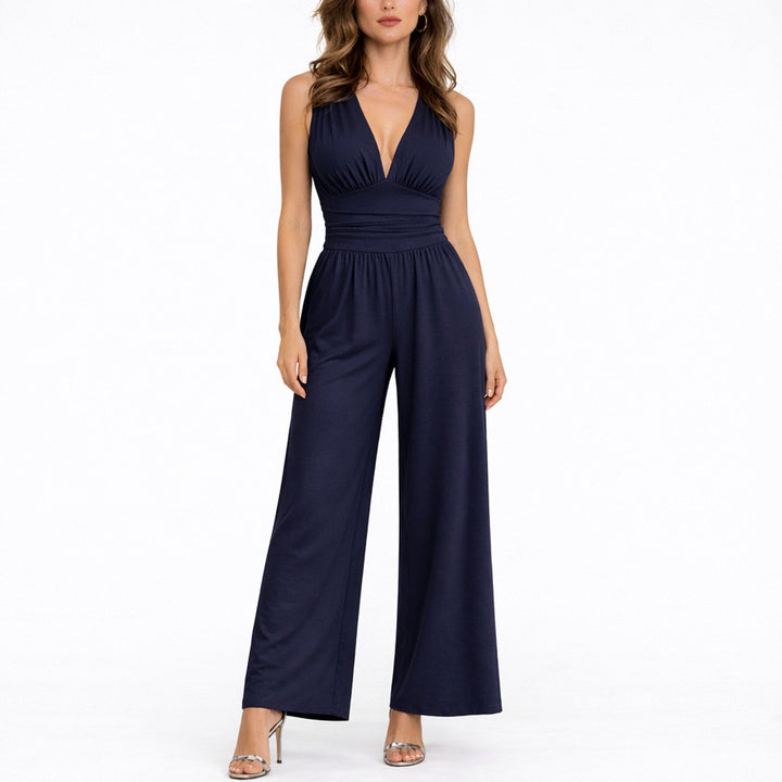 Damen Ärmelloser Weithosen-Jumpsuit V-Ausschnitt Hochbund - Marineblau