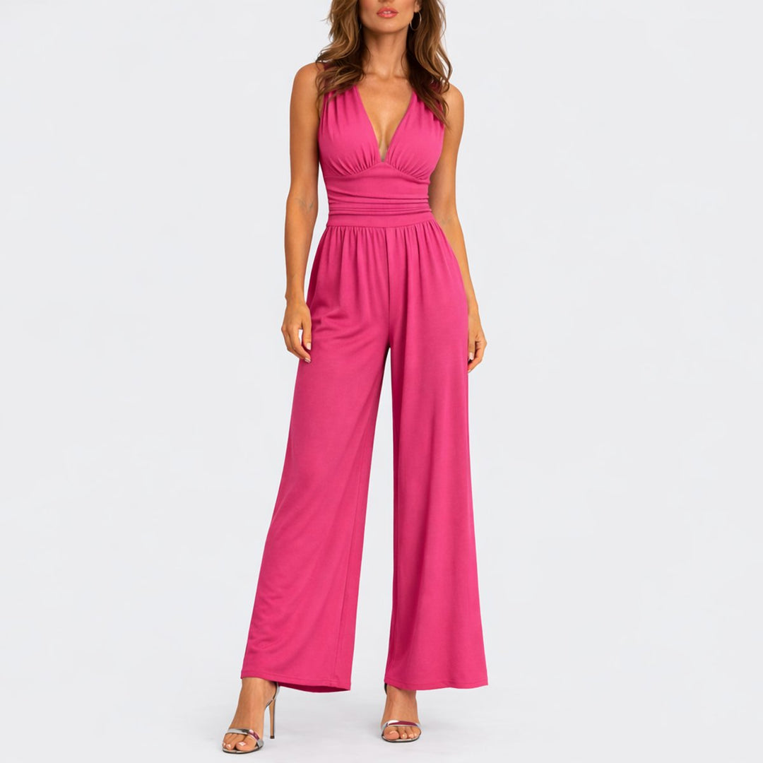 Damen Ärmelloser Weithosen-Jumpsuit V-Ausschnitt Hochbund - Rosa