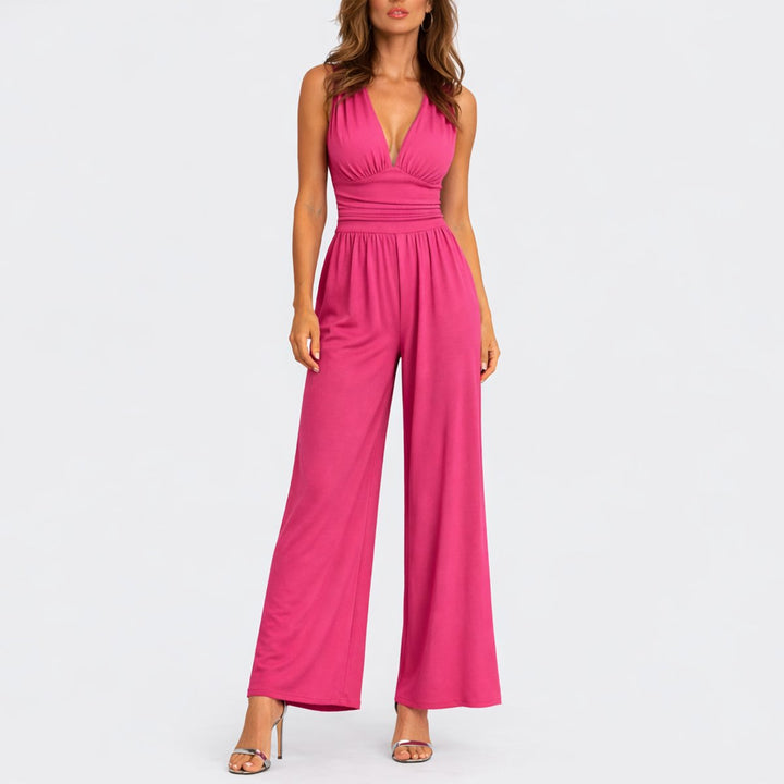 Damen Ärmelloser Weithosen-Jumpsuit V-Ausschnitt Hochbund - Rosa