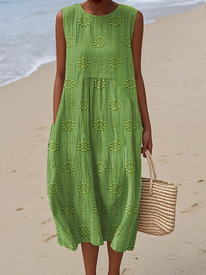 Damen Ärmelloses Baumwoll Midi-Kleid Mit Taschen - Green