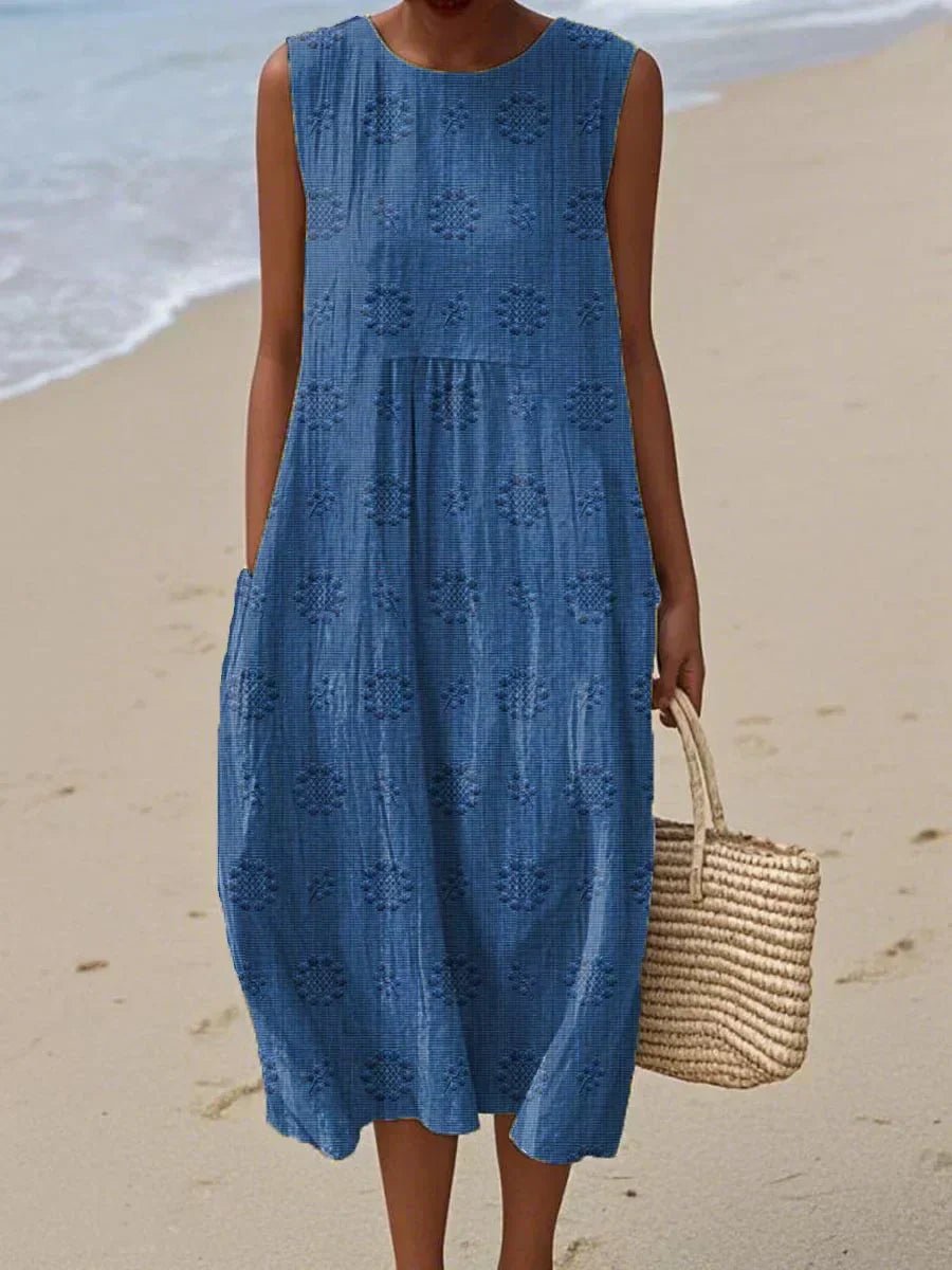 Damen Ärmelloses Baumwoll Midi-Kleid Mit Taschen - Blue