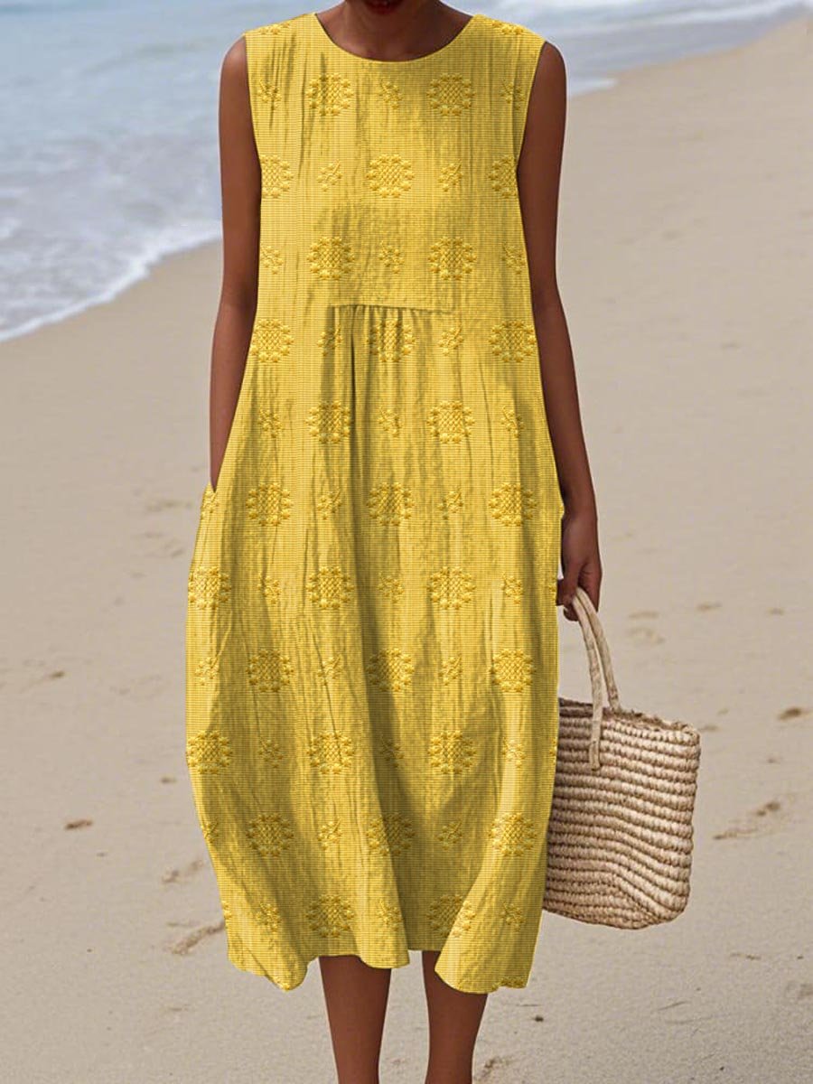 Damen Ärmelloses Baumwoll Midi-Kleid Mit Taschen - yellow