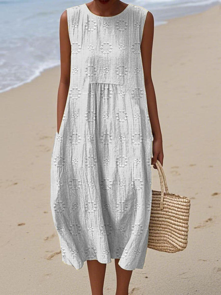 Damen Ärmelloses Baumwoll Midi-Kleid Mit Taschen - White