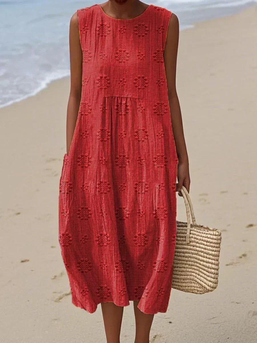 Damen Ärmelloses Baumwoll Midi-Kleid Mit Taschen - Red
