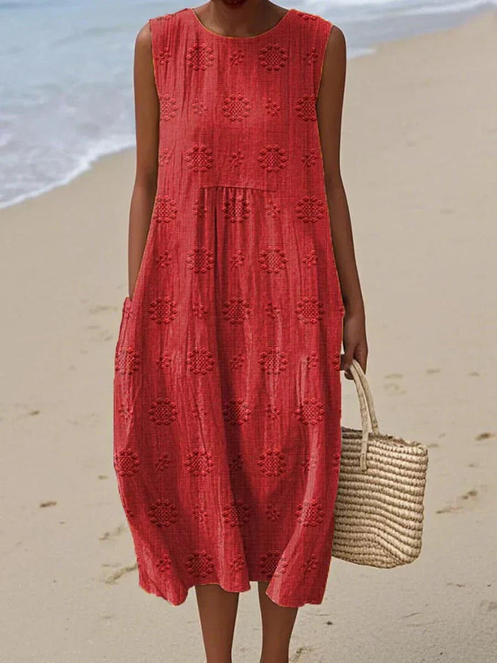 Damen Ärmelloses Baumwoll Midi-Kleid Mit Taschen - Red