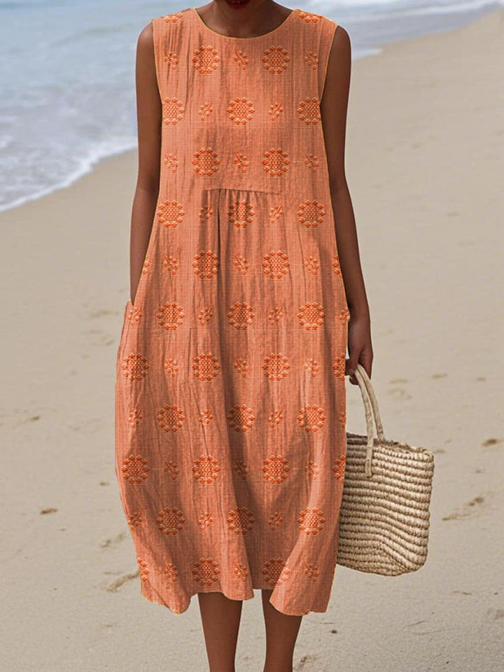 Damen Ärmelloses Baumwoll Midi-Kleid Mit Taschen - Orange