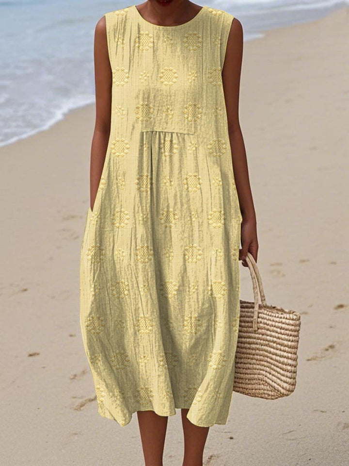 Damen Ärmelloses Baumwoll Midi-Kleid Mit Taschen - Light yellow