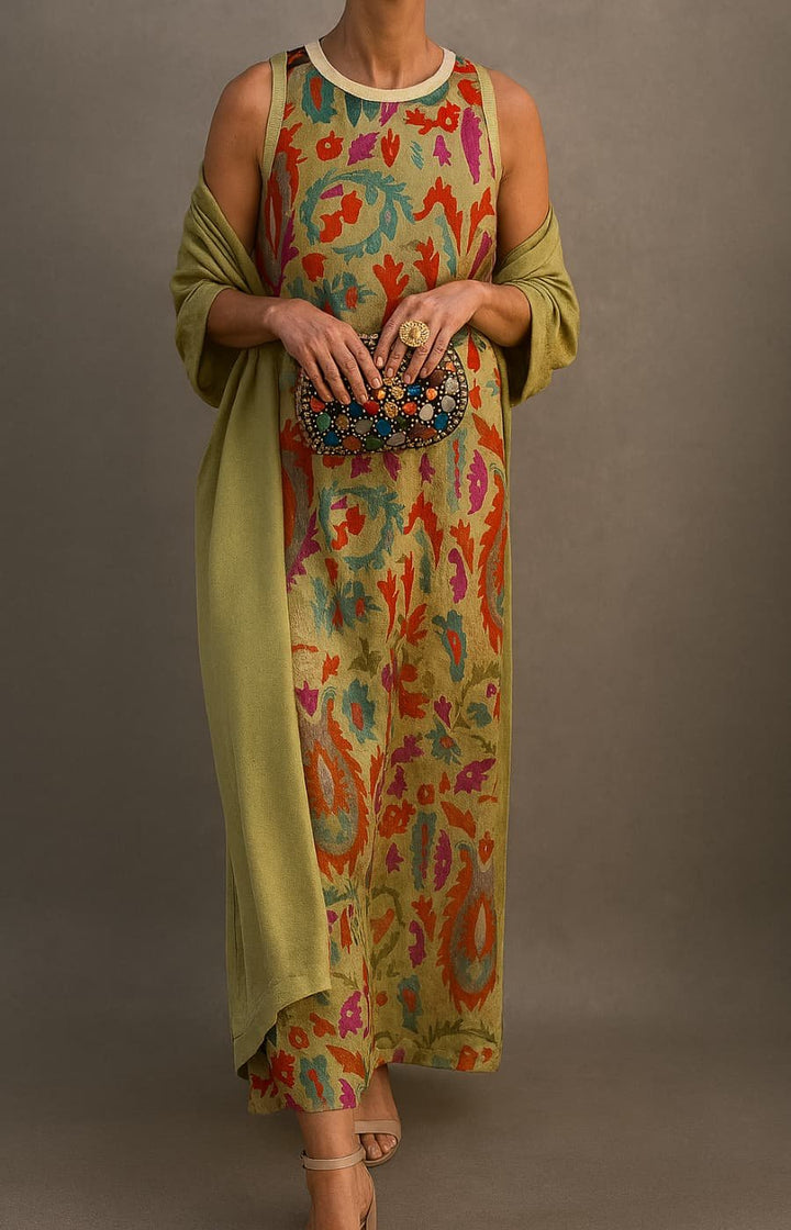 Damen Ärmelloses Florales Maxi-Kleid mit Mantel Set - Green